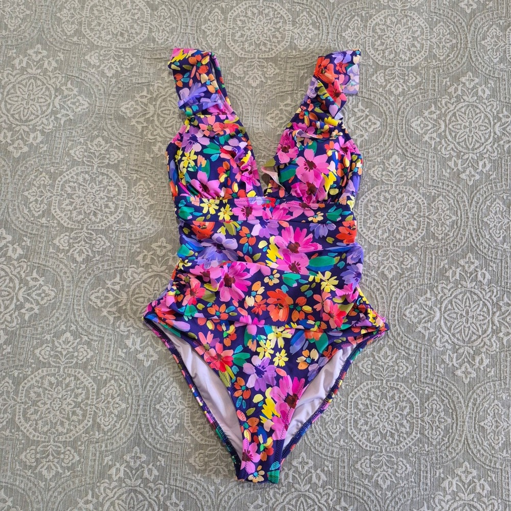 Cupshe Womens Floral Ruffle V-Neck One Piece Swimsuit Tummy Control Size‎ L NEW